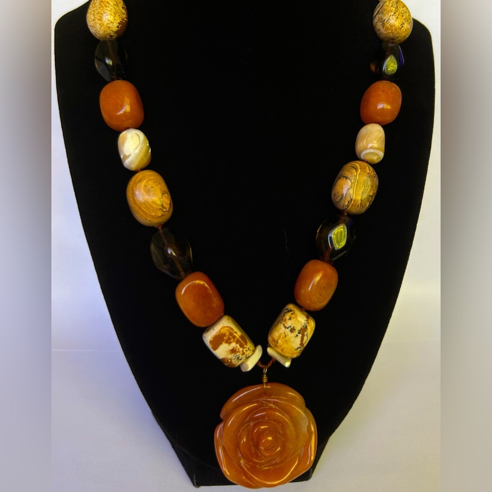 Orange Quartz A.V. Max Hand Carved Rose Statement Necklace